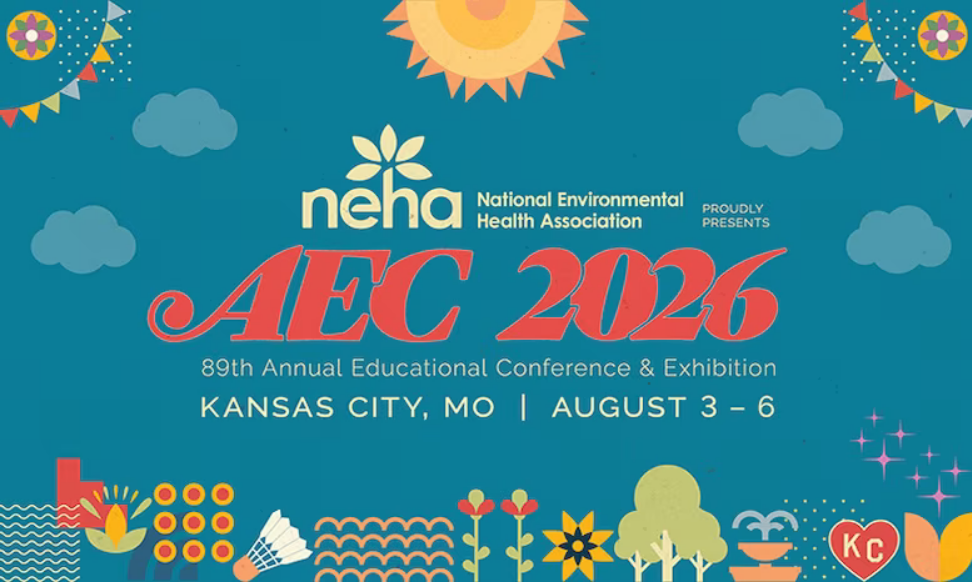 A promotional graphic for the National Environmental Health Association's Annual Education Conference 2026, to be held in Kansas City from August 3-6, 2026. 