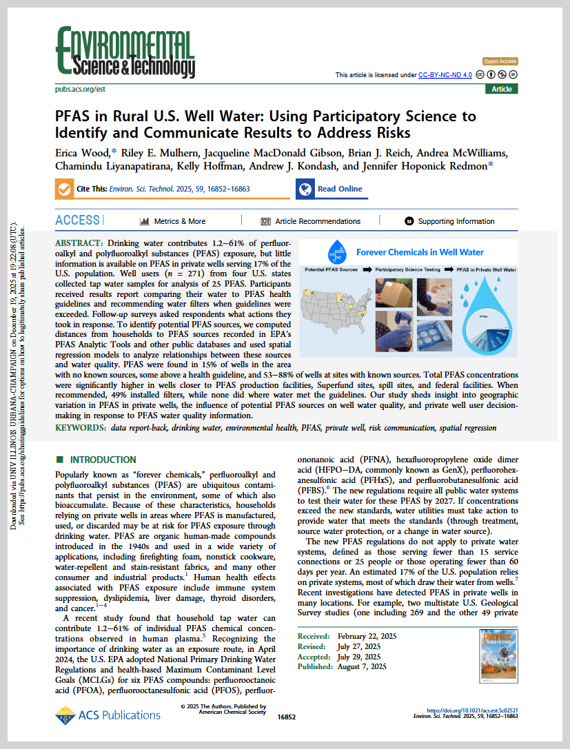 A screenshot of the front page of the research paper "PFAS in Rural U.S. Well Water: Using Participatory Science to Identify and Communicate Results to Address Risks" from the Environmental Science & Technology journal.