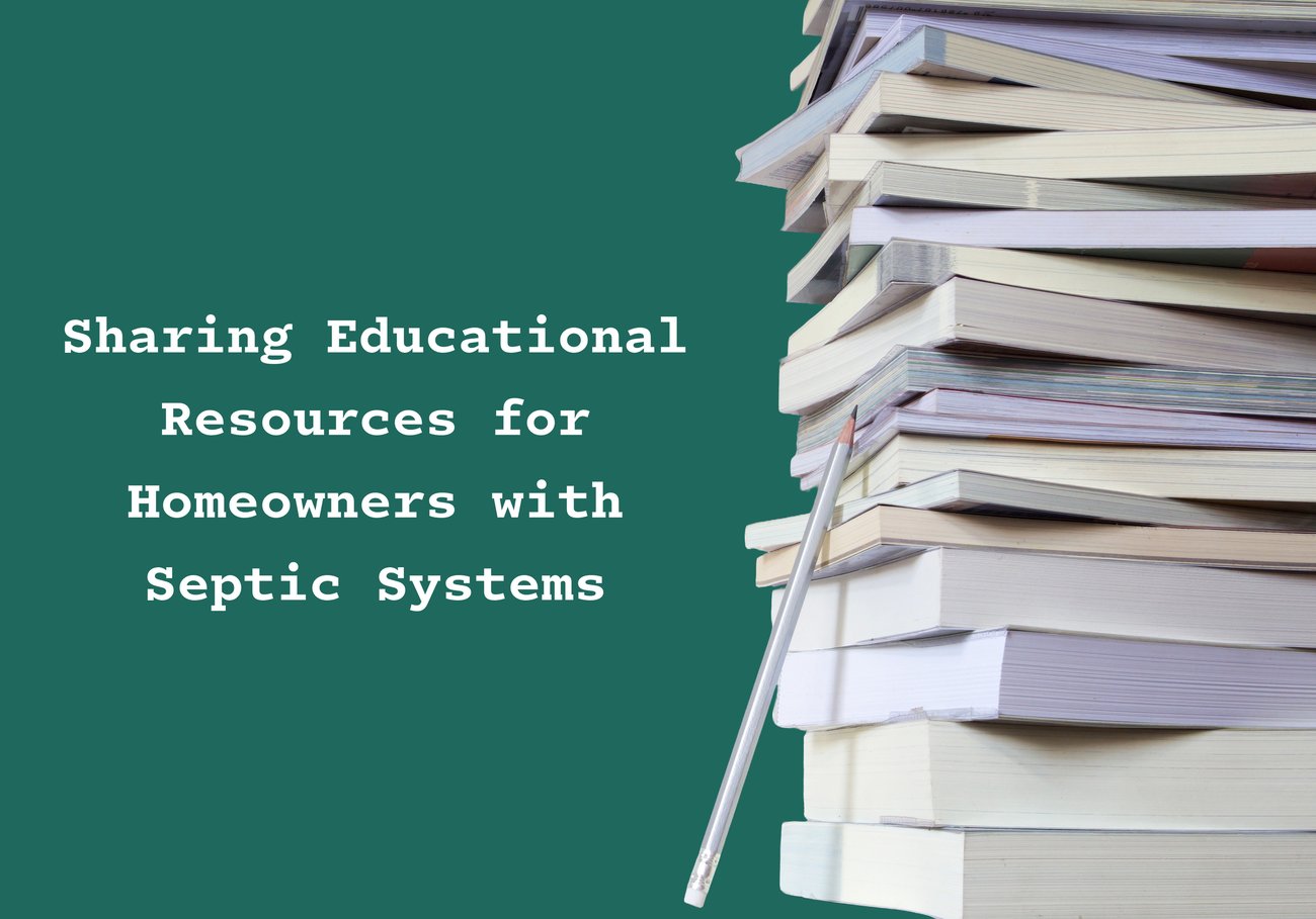 A pile of textbooks next to the headline "Sharing Educational Resources for Homeowners with Septic Systems".