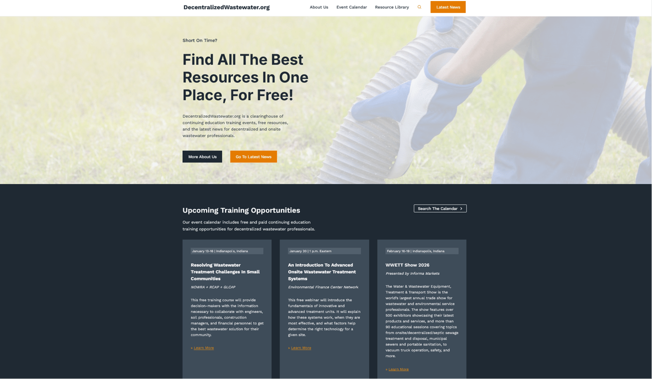 A screenshot of the homepage of DecentralizedWastewater.org.