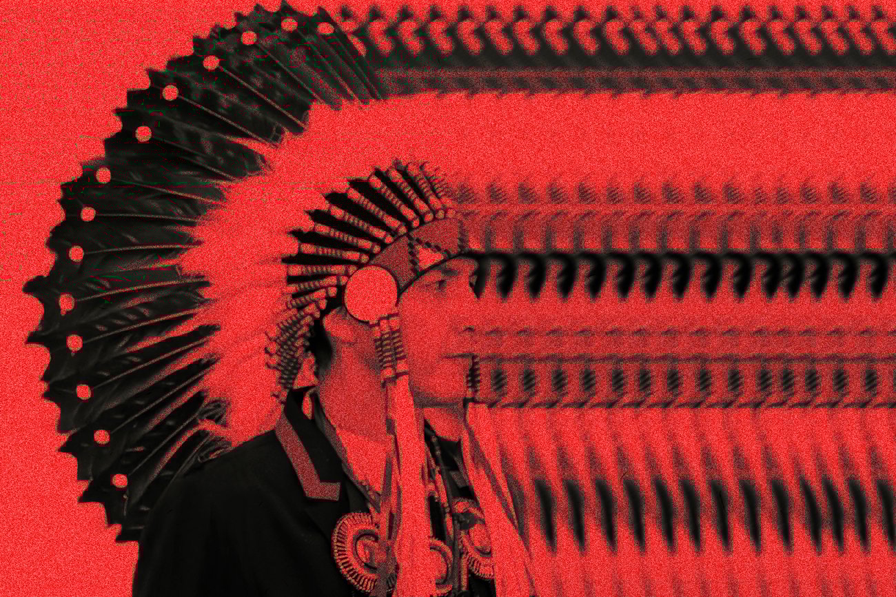 Monochromatic red-and-black image of an Indigenous man in traditional headdress. He is clearly visible on the left-hand side, with repeated images of him overlapping toward the right.