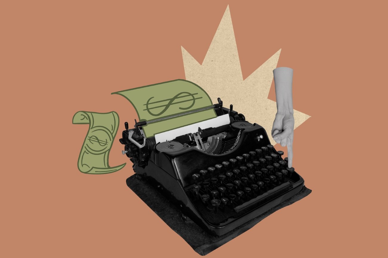 An image of a typewritter that has money instead of paper in it. A hand is pressing the keys.