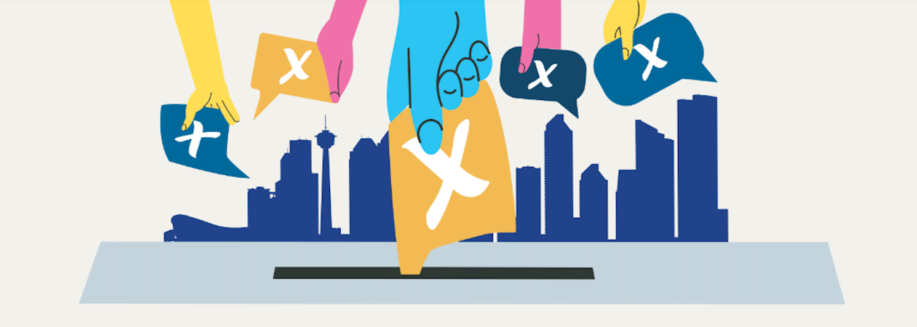 Illustration of the Calgary skyline in silhouette, with multi-colours hands reaching down to place speech bubbles resembling marked ballots in a ballot box.