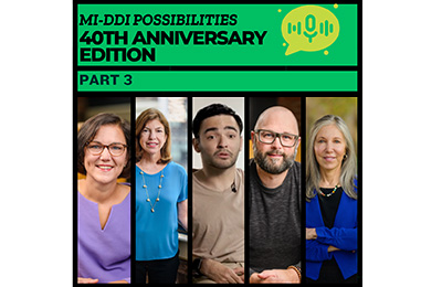  Graphic reading ‘MI-DDI Possibilities 40th Anniversary Edition, Part 3’ on a green background. Below the title are five vertical portrait photos. From left to right: Angela Martin, Elizabeth Janks, Leonardo Bravo, Michael Bray, and Sharon Milberger.