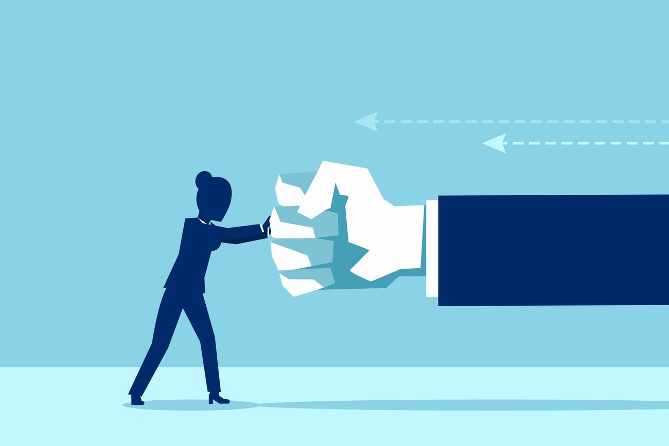 drawing of a small business leader holding away giant fist
