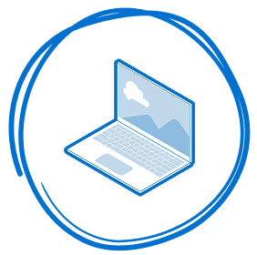 Isometric blue line illustration of a laptop, enclosed within a hand-drawn circular outline.