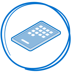 Isometric blue line illustration of a tablet, enclosed within a hand-drawn circular outline.