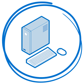 Isometric blue line illustration of a desktop PC, enclosed within a hand-drawn circular outline.