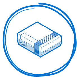 Isometric blue line illustration of a game console, enclosed within a hand-drawn circular outline.