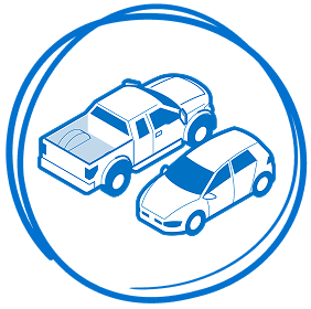Isometric blue line illustration of a car and truck, enclosed within a hand-drawn circular outline.