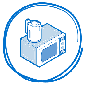 Isometric blue line illustration of a microwave and electric kettle, enclosed within a hand-drawn circular outline.
