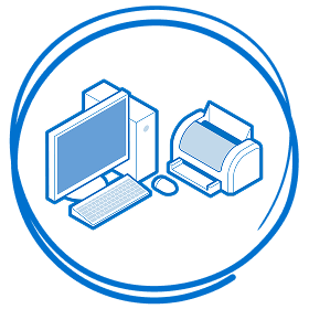 Isometric blue line illustration of a PC and printer, enclosed within a hand-drawn circular outline.