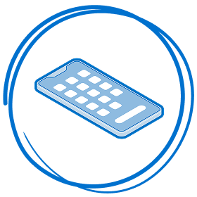 Isometric blue line illustration of a phone, enclosed within a hand-drawn circular outline.