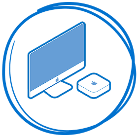 Isometric blue line illustration of a Mac, enclosed within a hand-drawn circular outline.