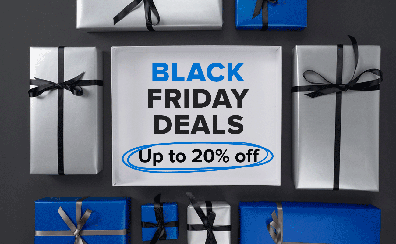 A white box centered on a dark background displays the text “BLACK FRIDAY DEALS” with “Up to 20% off” highlighted in a blue hand-drawn circle. Silver and blue gift boxes wrapped with black or silver ribbons surround the scene, creating a festive holiday atmosphere.