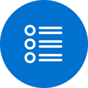 Blue circular icon featuring a simple white list symbol with three bullet points and three horizontal lines, centered on a solid background.