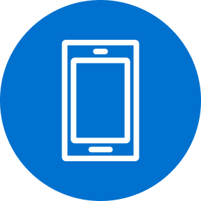 Blue circular icon displaying a white outlined smartphone with a centered screen and small top and bottom details, set against a solid background.