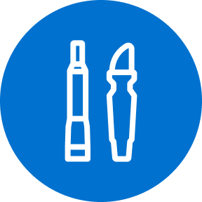 Blue circular icon featuring two white outlined tools—one resembling a screwdriver and the other a curved prying tool—standing upright side by side on a solid background.