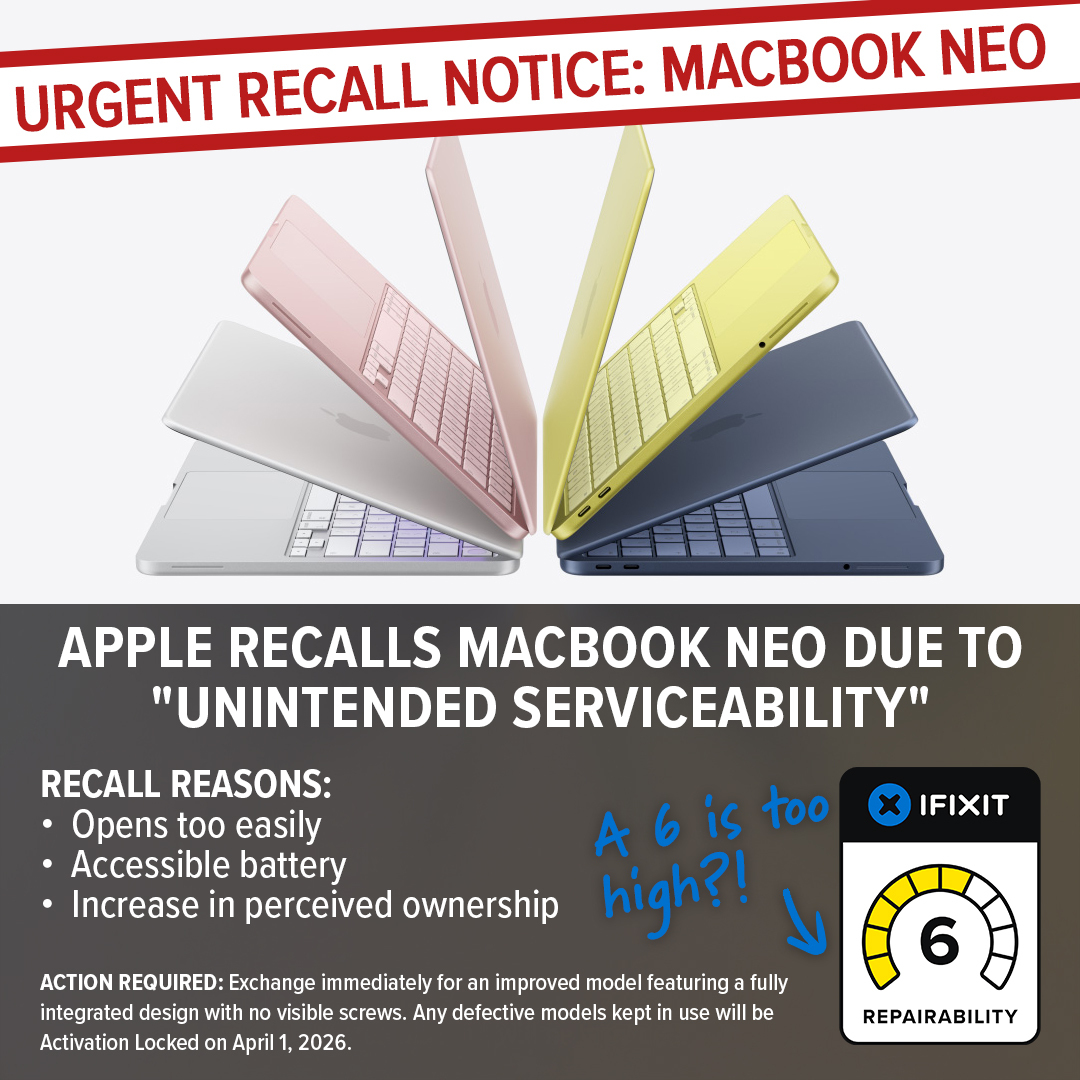 Urgent Recall Notice: MacBook Neo. Apple recalls MacBook Neo due to "unintended serviceability." Recall reasons: Opens too easily, accessible battery, increase in perceived ownership. Action required: Exchange immediately for an improved model featuring a fully integrated design with no visible screws. Any defective models kept in use will be Activation Locked on April 1, 2026.