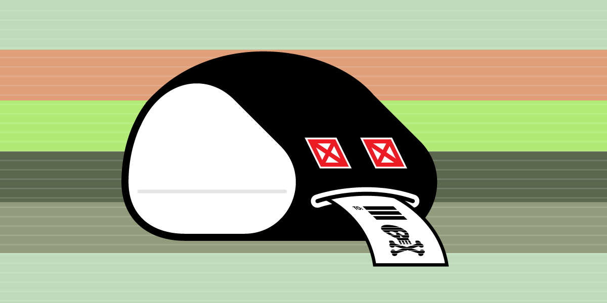 Illustration of an anthropomorphic printer with crossed out eyes and a paper with a skull and crossbones coming out of its mouth.