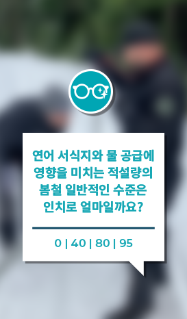 "연어 서식지와 수도 공급에 영향을 미치는 봄철 적설량은 일반적으로 몇 인치일까요?" 0, 40, 80 또는 95 중 얼마일까요?"라고 적힌 그림입니다. 상단에는 안경 그림이 그려져 있습니다.