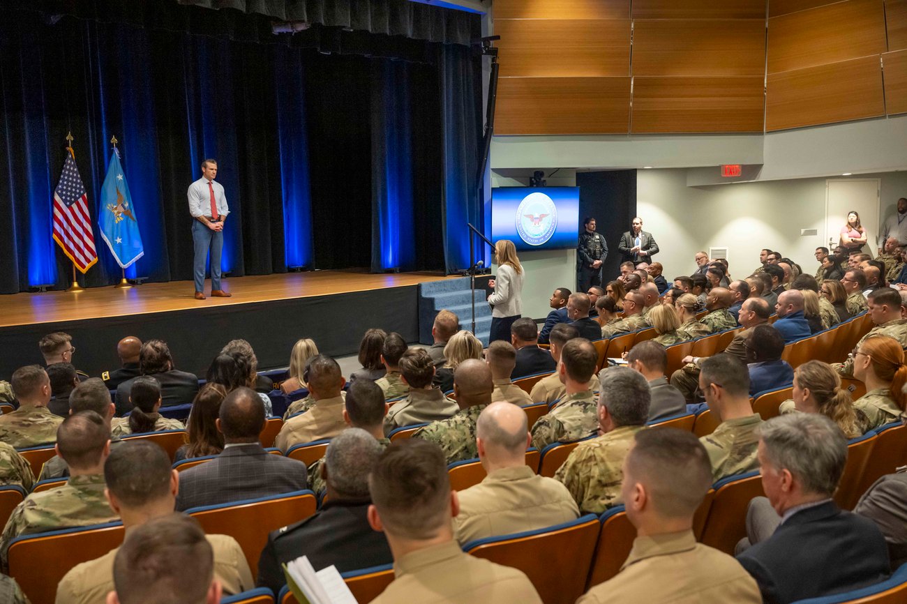 Secretary of Defense Pete Hegseth holds a town hall meeting for Department of Defense personnel at the Pentagon, Feb. 7, 2025.