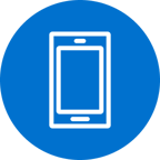 Blue circular icon displaying a white outlined smartphone with a centered screen and small top and bottom details, set against a solid background.