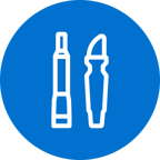 Blue circular icon featuring two white outlined tools—one resembling a screwdriver and the other a curved prying tool—standing upright side by side on a solid background.