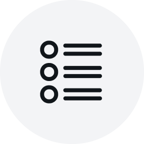 Light grey circular icon featuring a simple black list symbol with three bullet points and three horizontal lines, centered on a solid background.