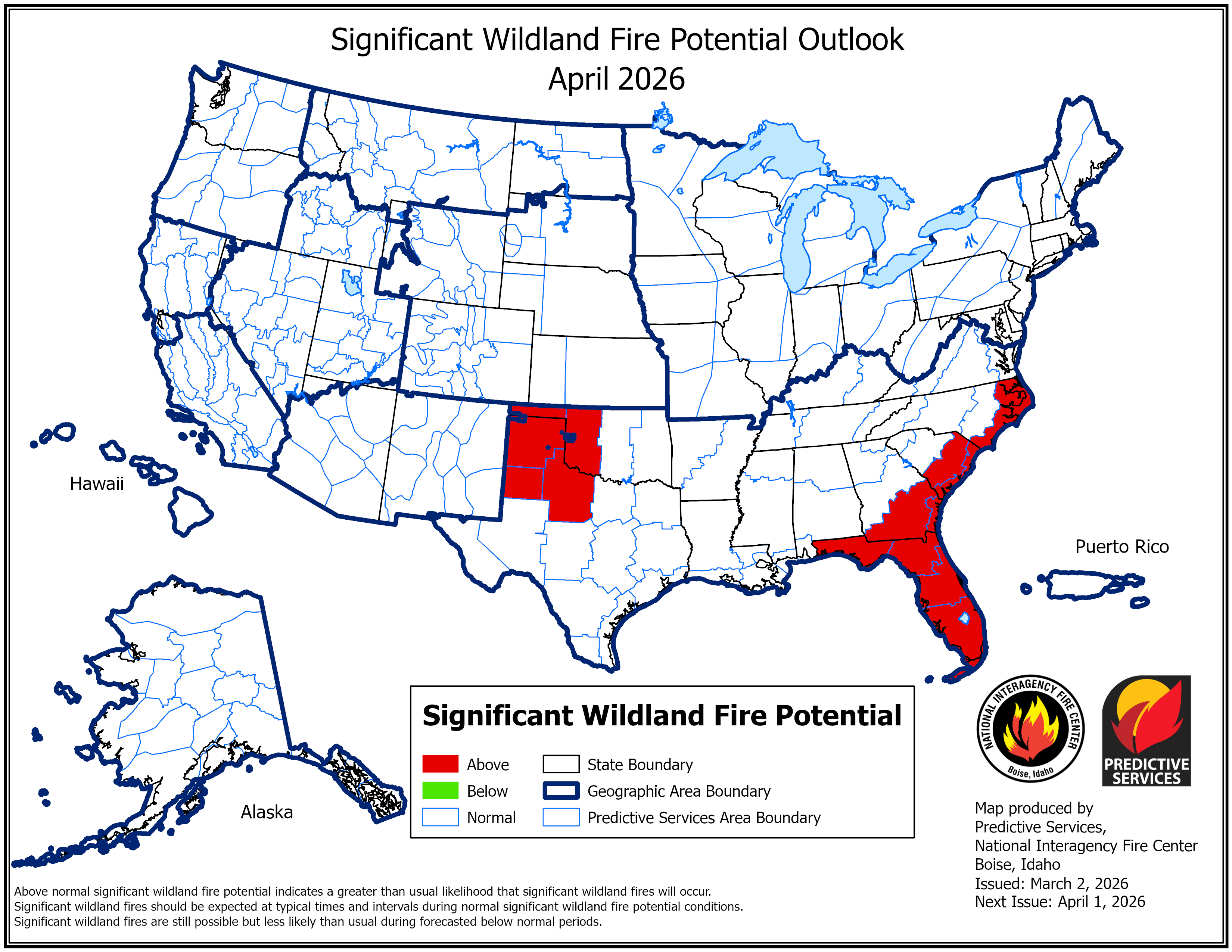 Map of the U.S. from the Significant Wildland Fire Potential Outlook showing red 