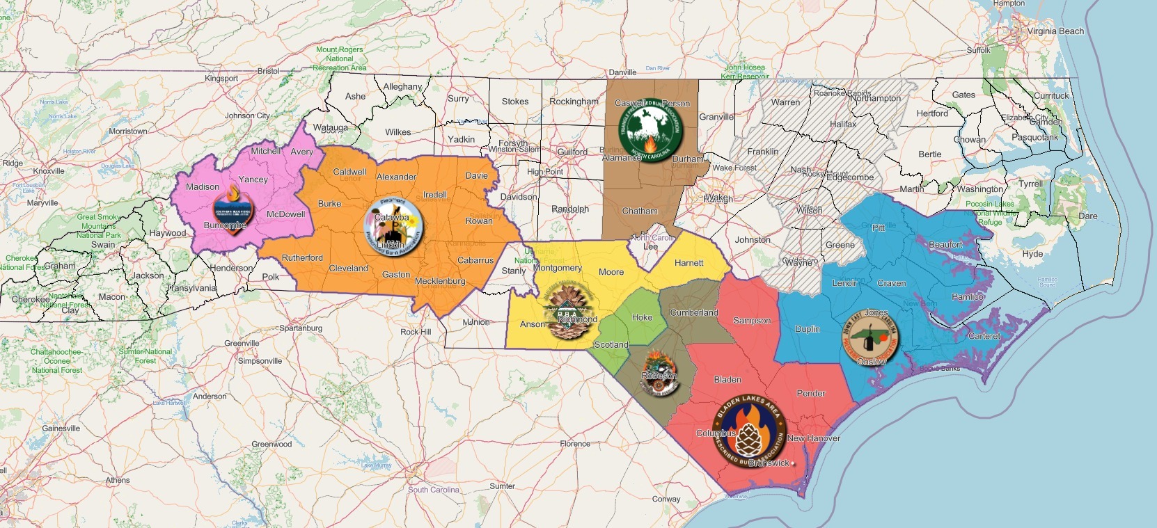 Map of North Carolina with counties shaded in various color representing the PBA that represents them.
