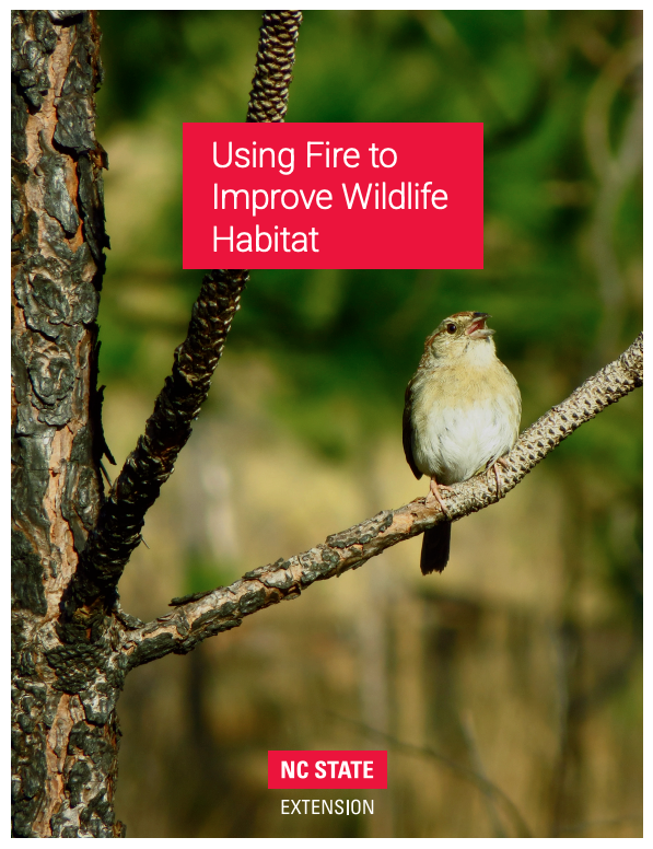 Cover of the "Using Fire to Improve Wildlife Habitat" publication. Image of a bird sitting on a charred tree limb. Words read, "Using Fire to Improve Wildlife Habitat. NC State Extension."