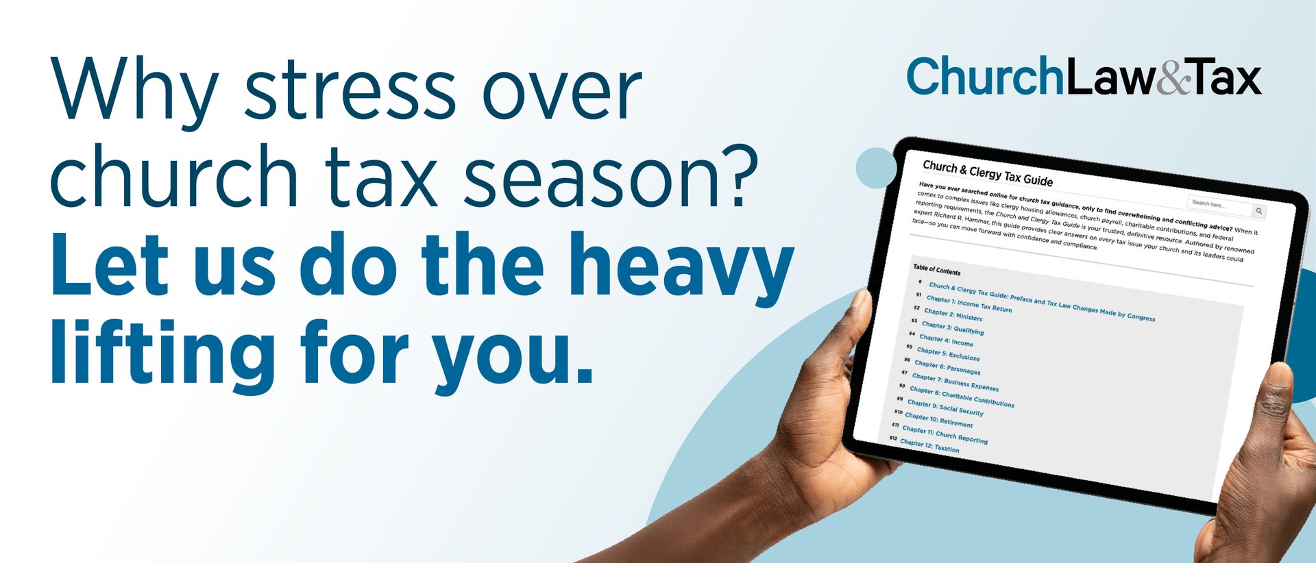 a hand holding a tablet over a gradient light blue background with the text 