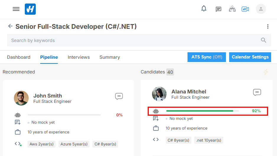 The image shows the Vanhack product on the Talent Pipeline Page
