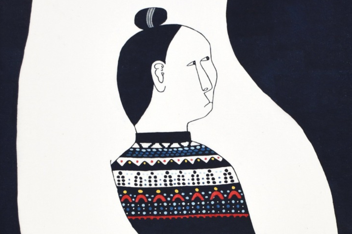 An illustration featuring a polar bear, it's paws protectively around a woman with black hair tied in a bun.