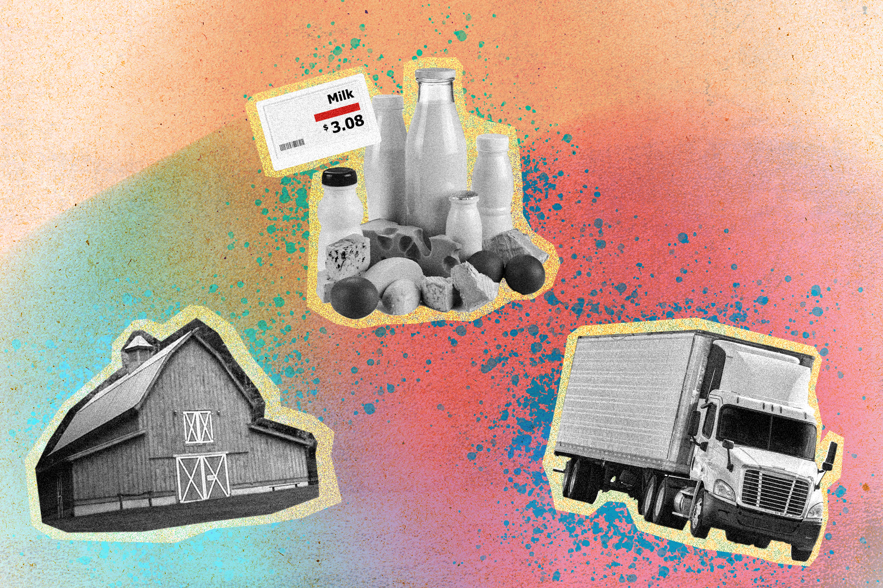 An illustration featuring a black and white picture of a barn, groceries including milk, eggs, and cheese, and a truck, against a colourful pink, green, and peach background.