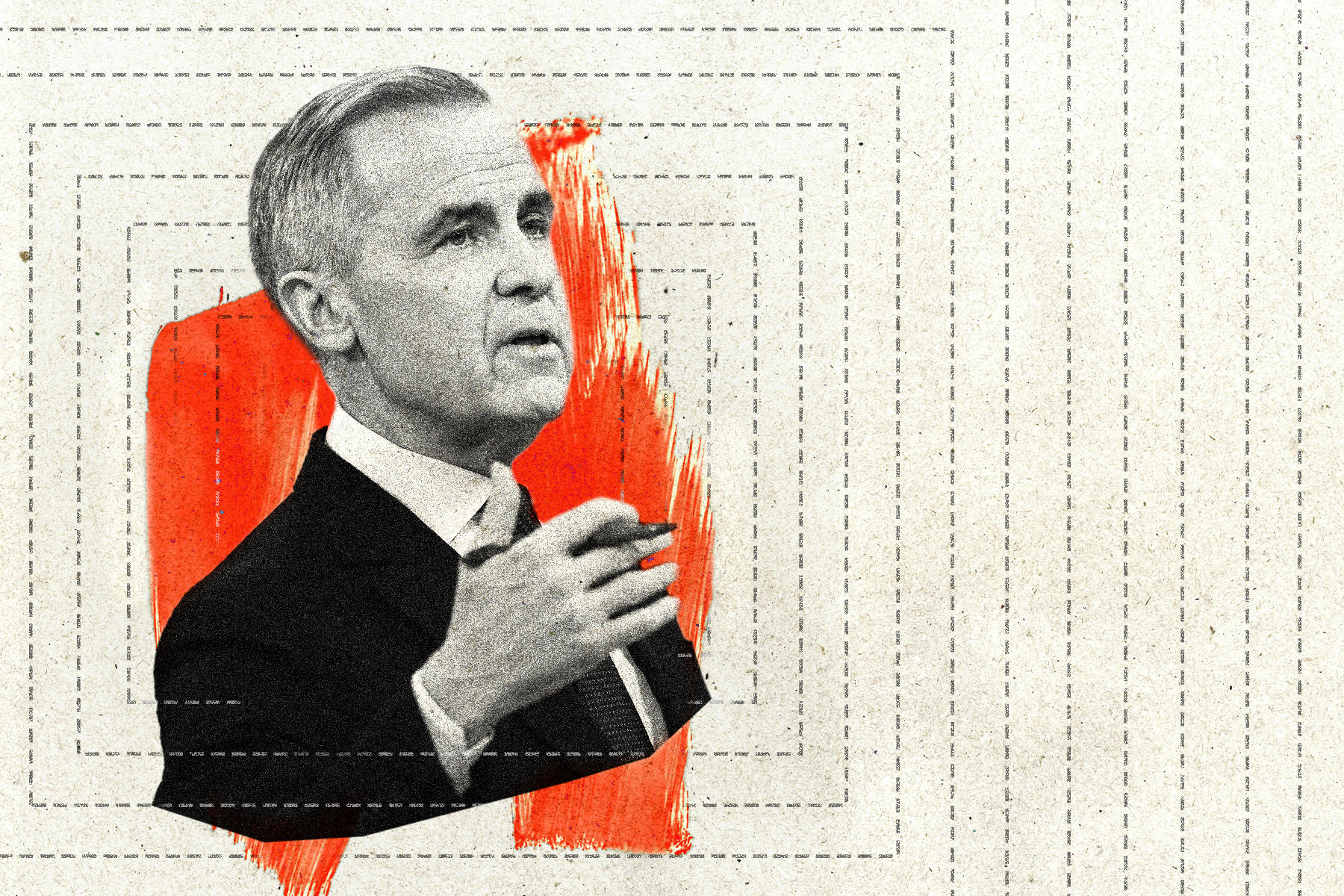 Collage of a greyscale image of Mark Carney overlaid atop an orange paint smear and concentric squares.