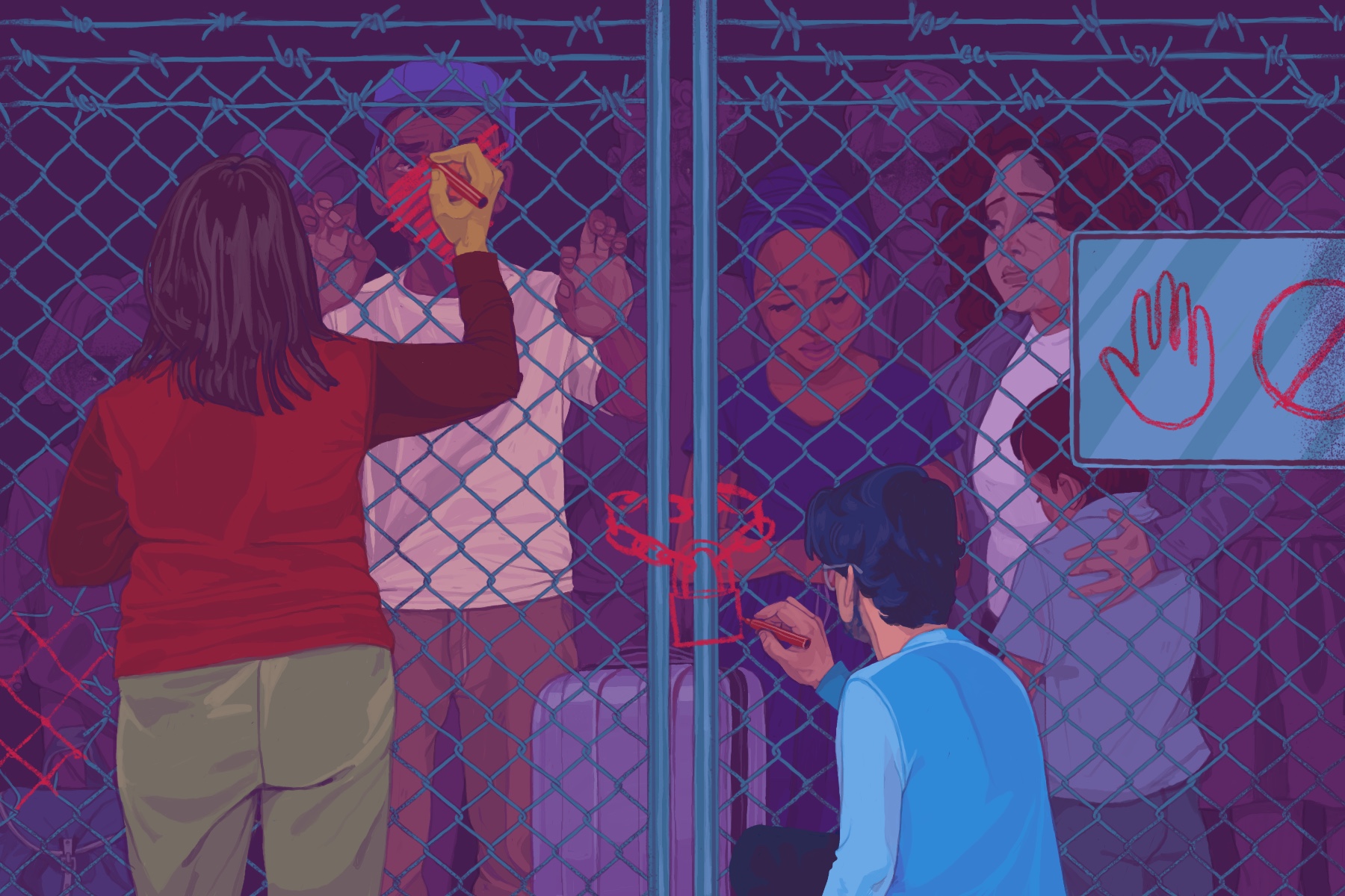 Someone draws a lock and chain on a fence, behind which stand immigrants waiting to gain entry.