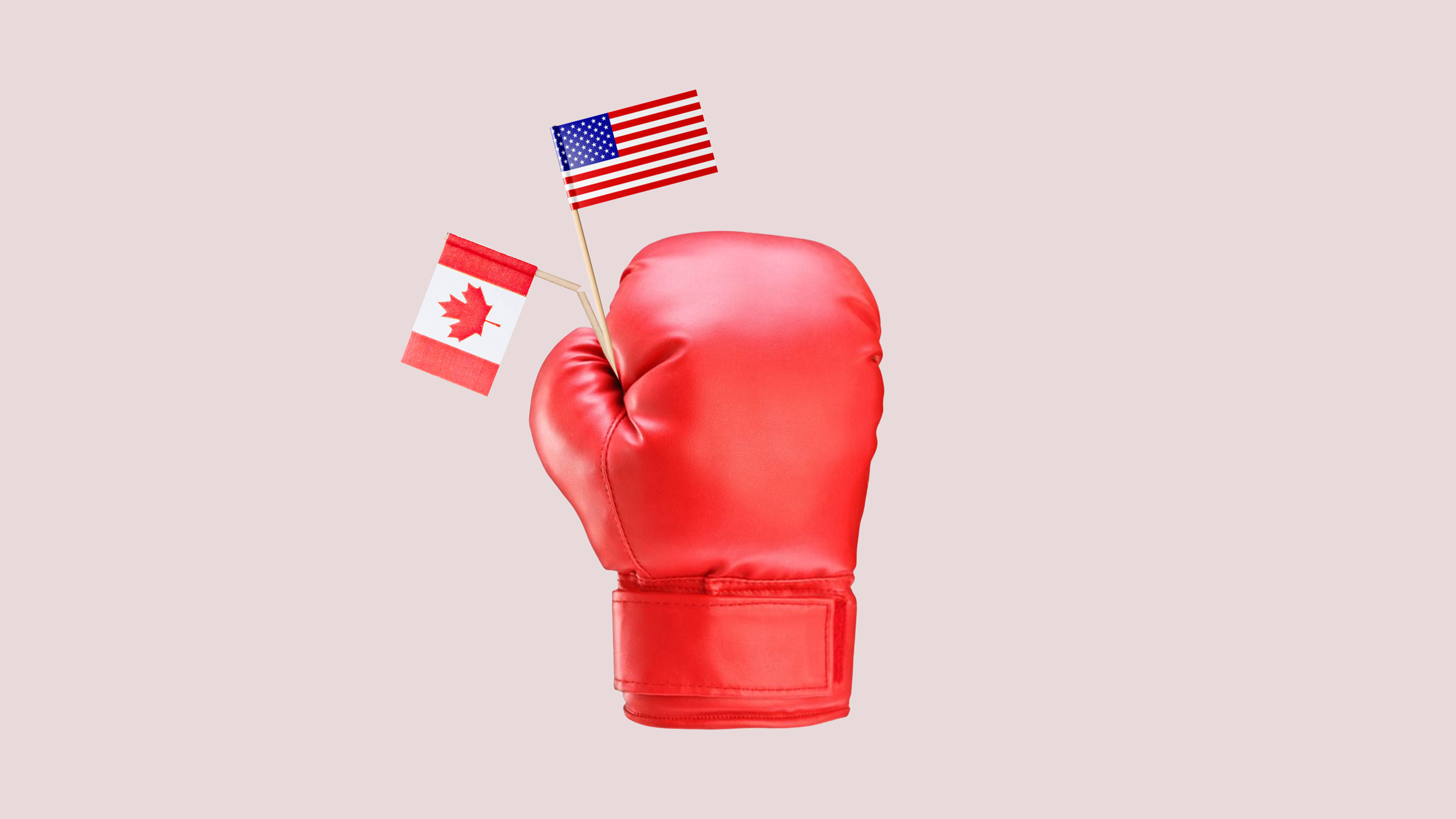 A photo illustration shows a boxing glove holding a US and a Canadian flag, with the Canadian flag bent to one side.
