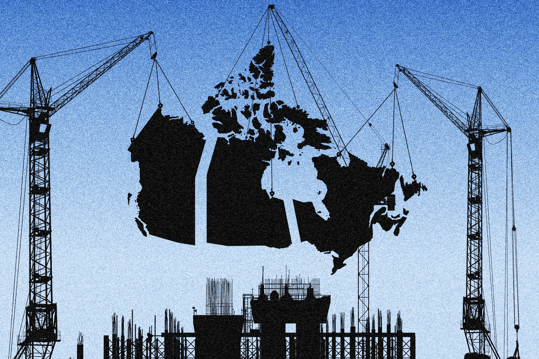 A photo illustration featuring a map of Canada with cranes holding up opposite ends of the country. There are a large gaps between provincial borders.