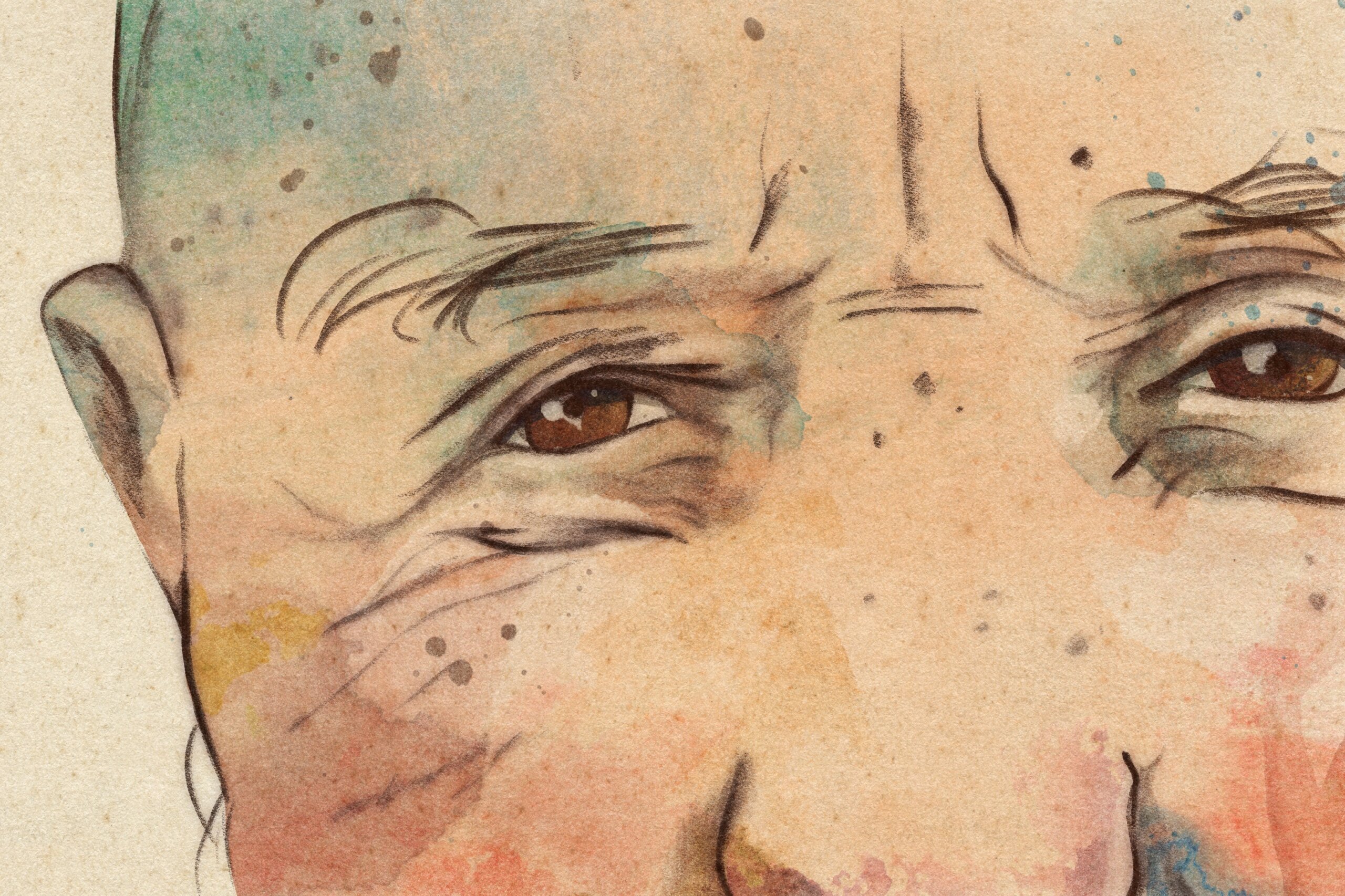 Digital watercolour illustration of an elderly man zoomed in on his midface.