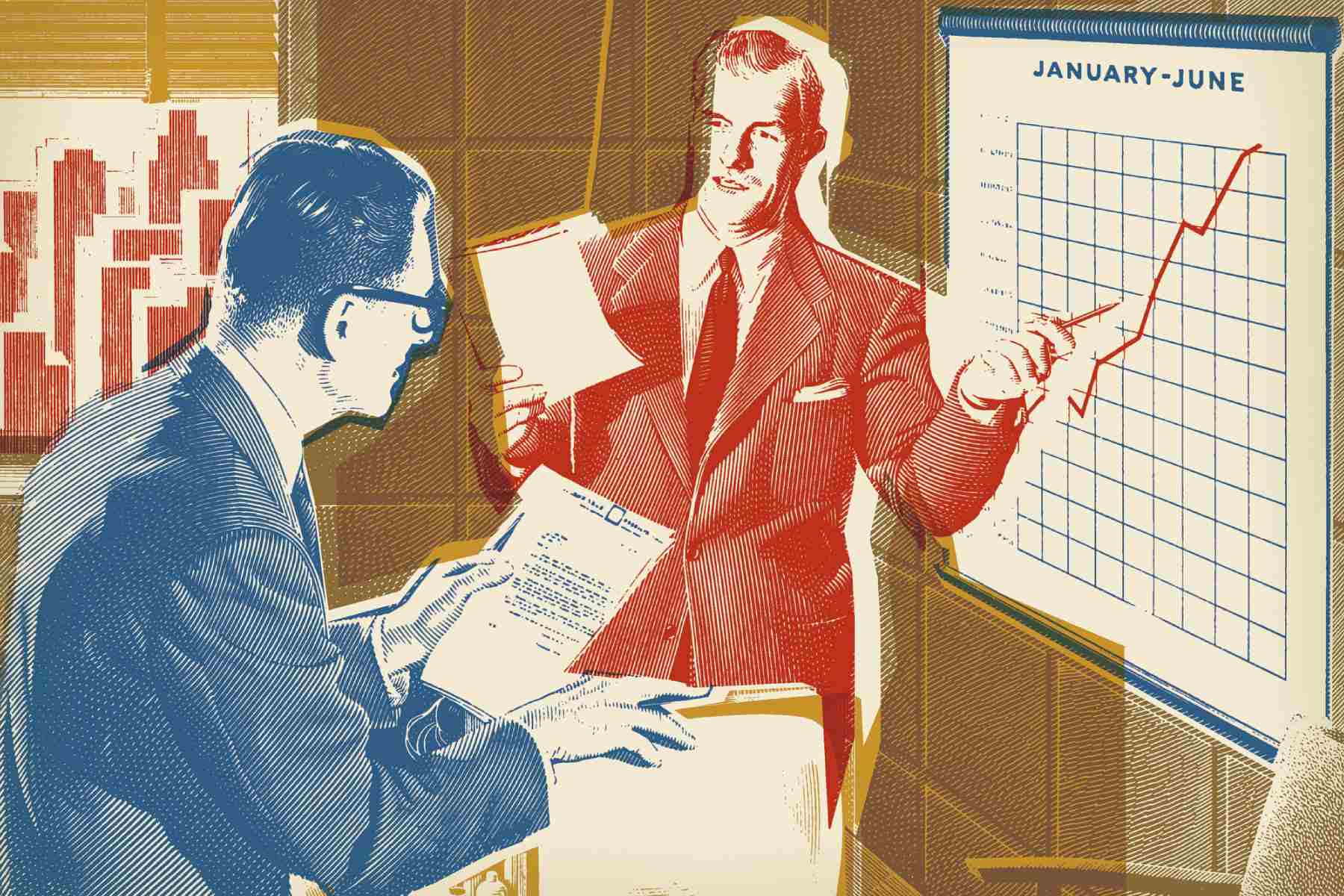 A vintage-style illustration of two men in suits and glasses going over figures. One of them points to a chart on the wall.