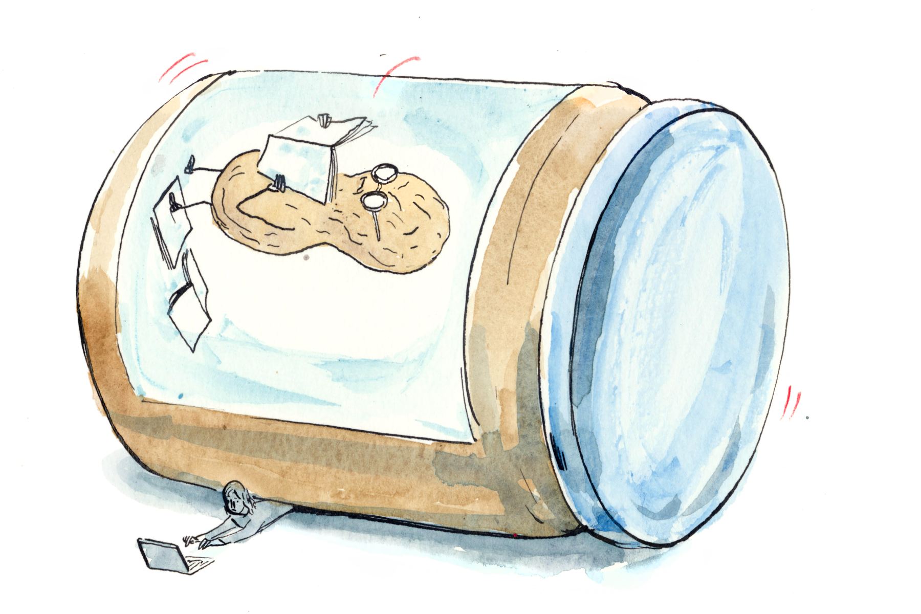 Am illustration of a large jar of peanut butter curshing a small person typing on a laptop.