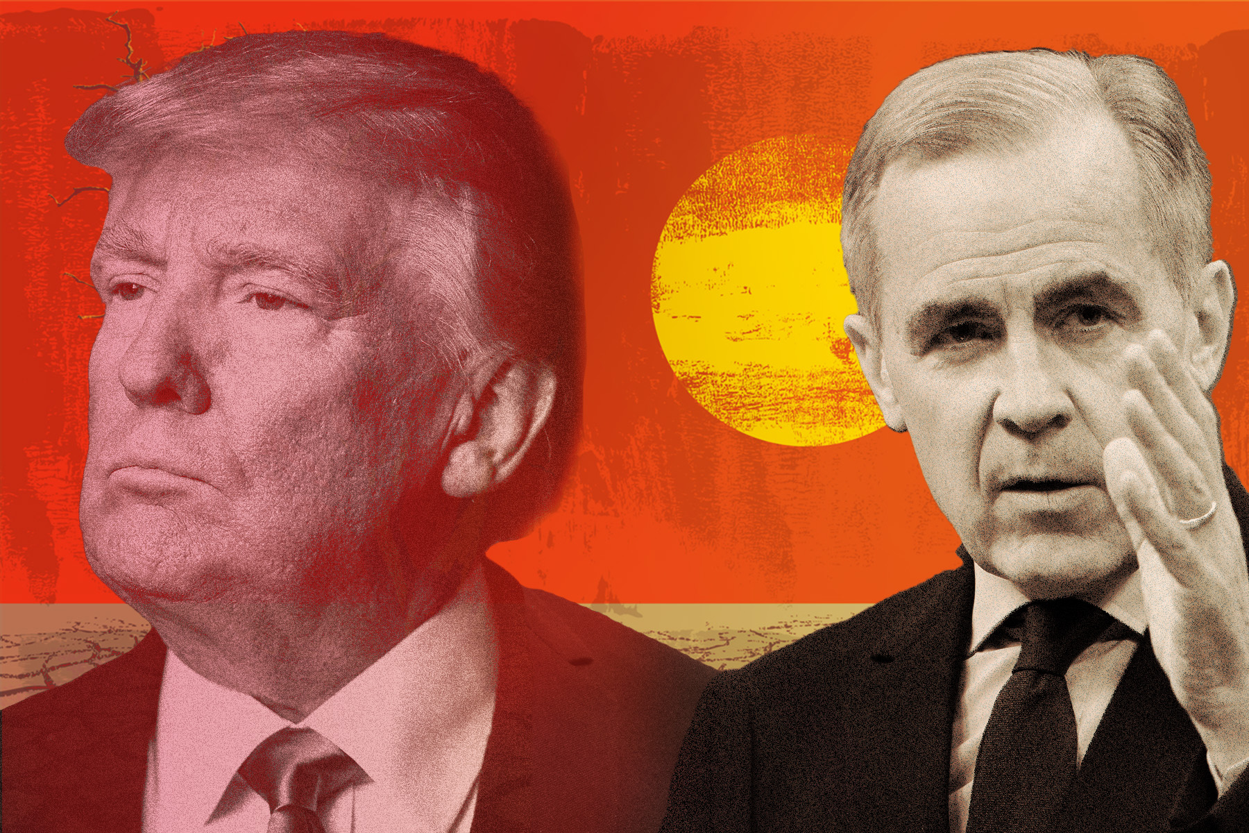 A photo illustration shows Donald Trump to the left of the frame, looking away, an orange backdrop with a bright yellow sun, and Mark Carney to the right, holding up a hand as he speaks.