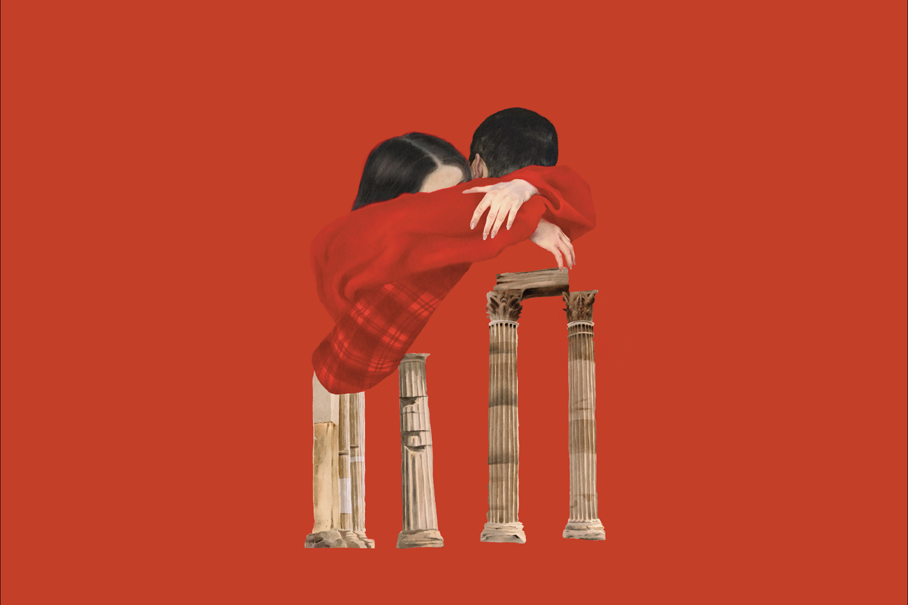 An illustration on a red background featuring ancient Greek pillars and a couple, the woman's arms around a man's shoulder, her hands crossed. Only the tops of their heads are visible.