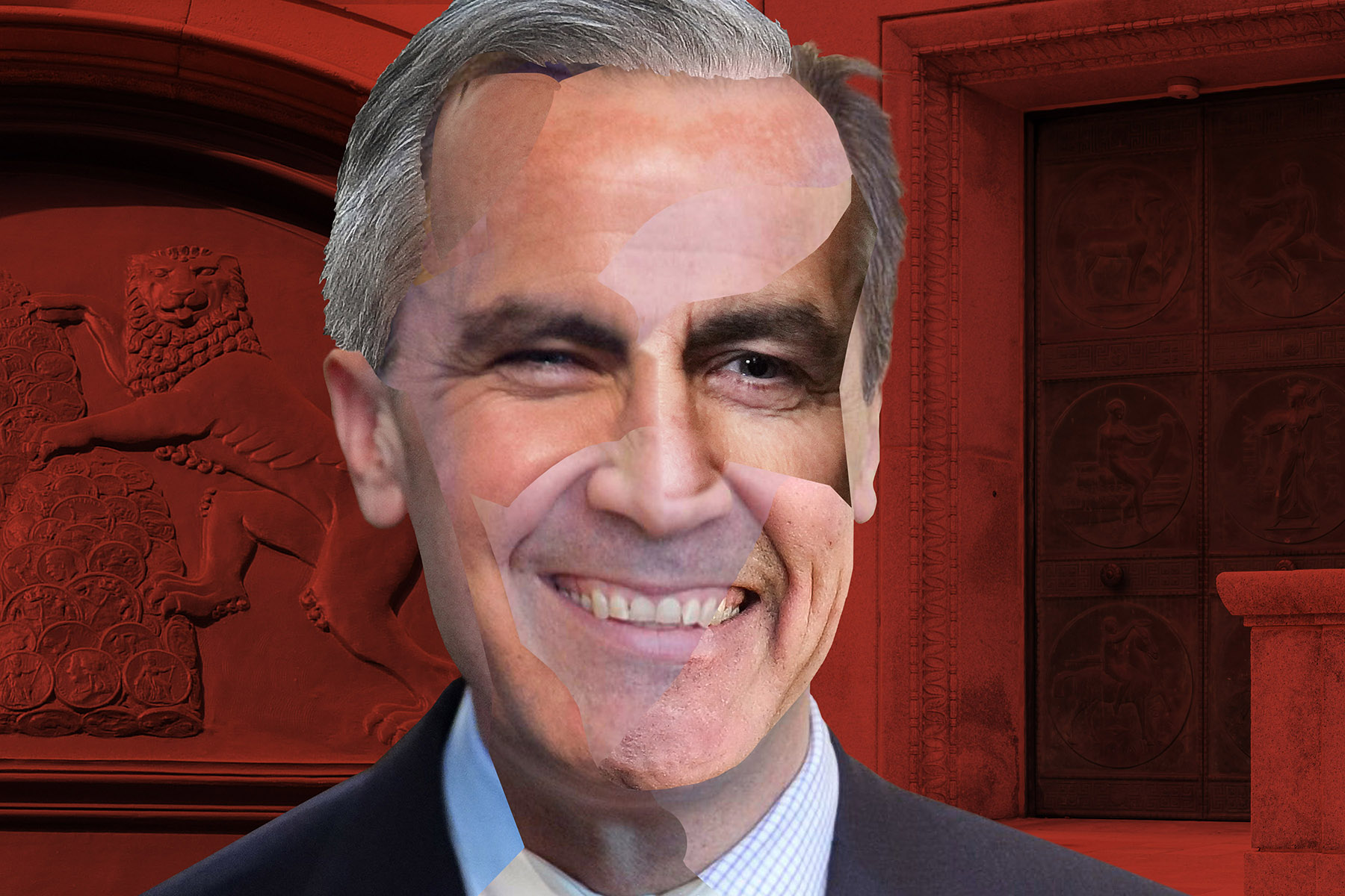 A photo illustration of Mark Carney against a red background. His face is a collage of other parts of portraits of him.