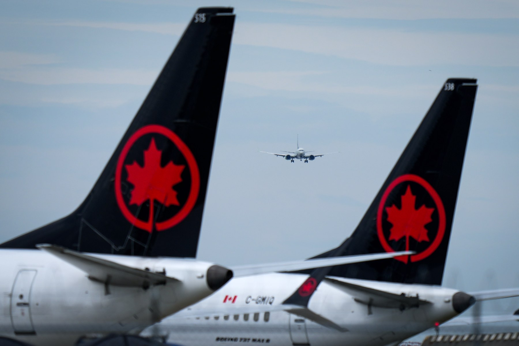 The tails of two large airplanes with the navy and red Air Canada logos. In the distance you can see a plane taking off.
