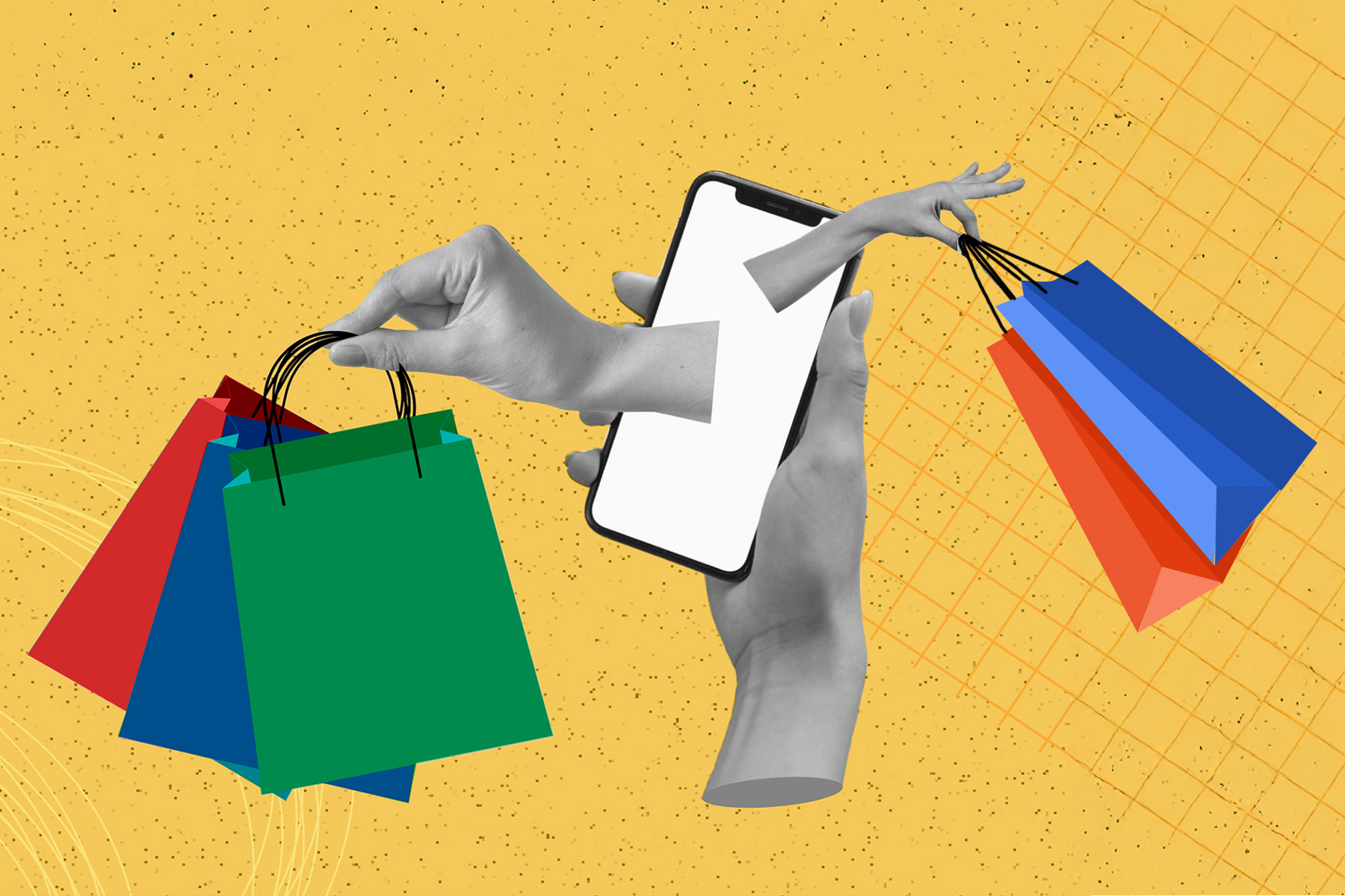 Hands burst out of an ipPhone screen holding shopping bags.