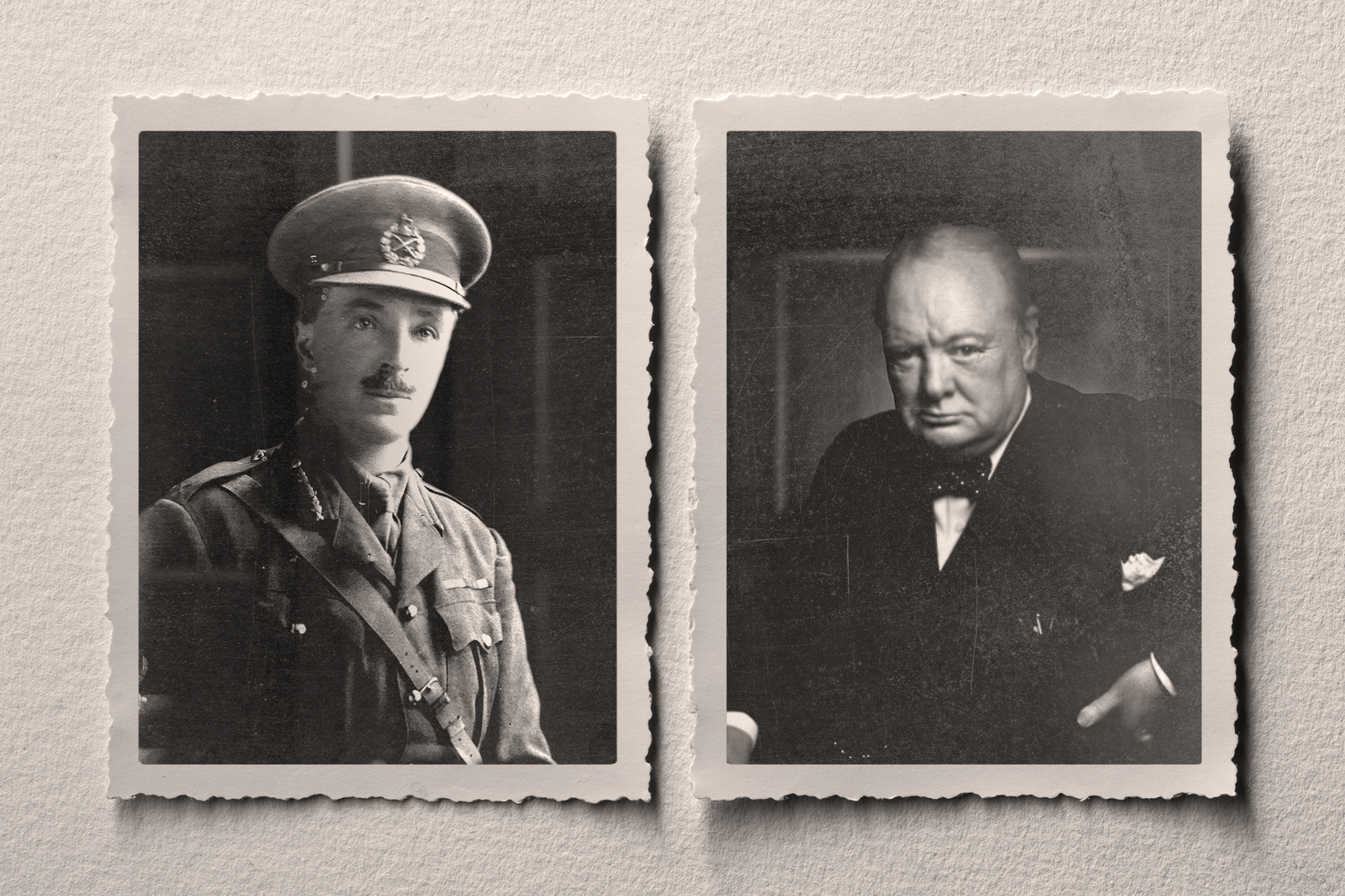 A composite photo that shows two portraits next to each other, one of Hugh Tudor in military uniform, and the other of Winston Churchill.