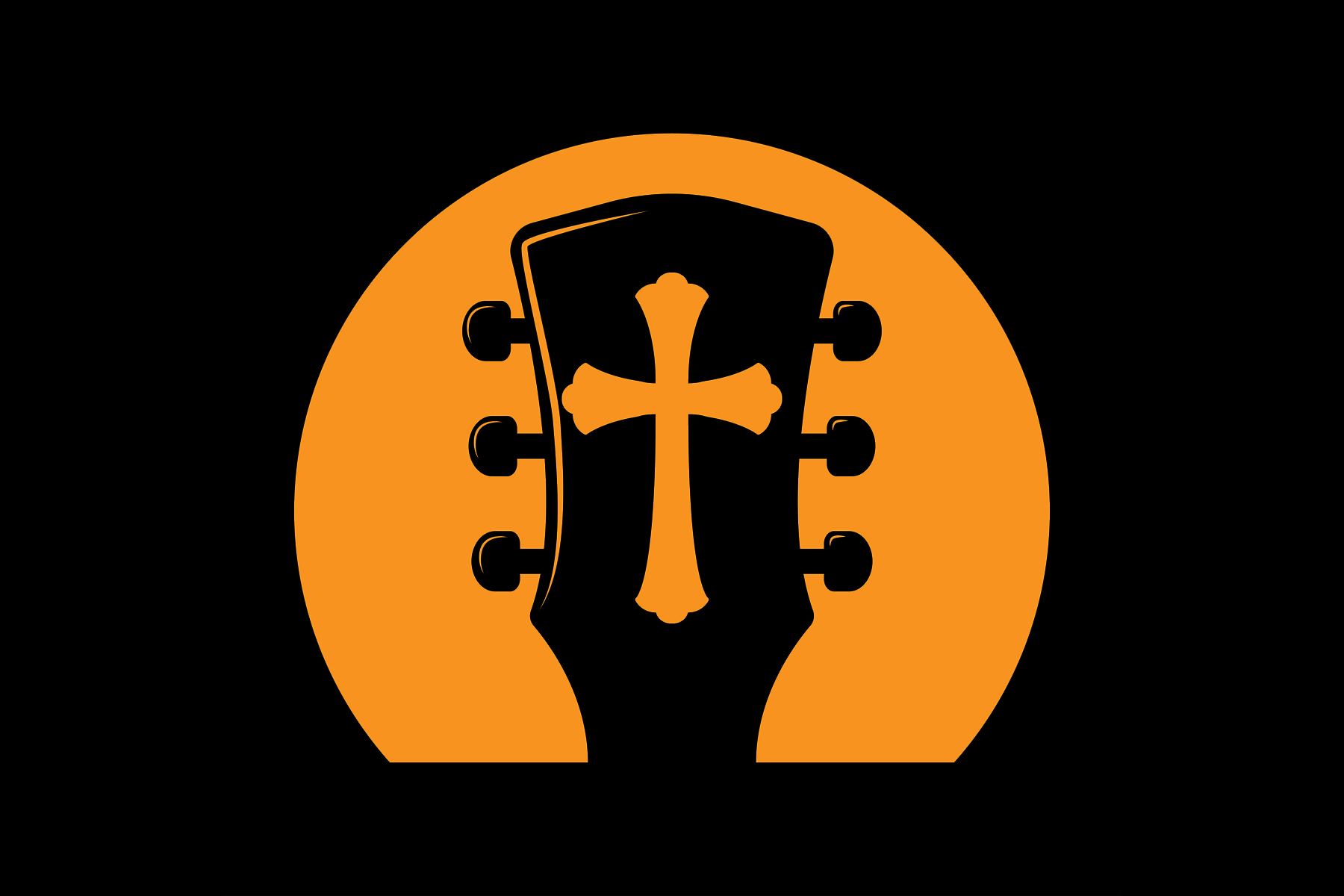 The illustration shows the top of a guitar in black with a yellow holy cross at the centre against a yellow and black background.